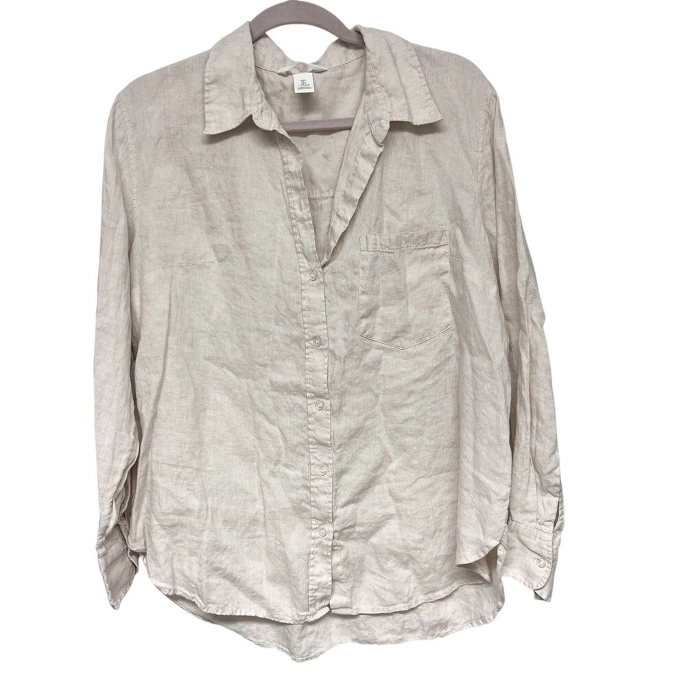 H&M Womens Linen Button Up Top Size L Beige Coastal Beach Quiet Luxury